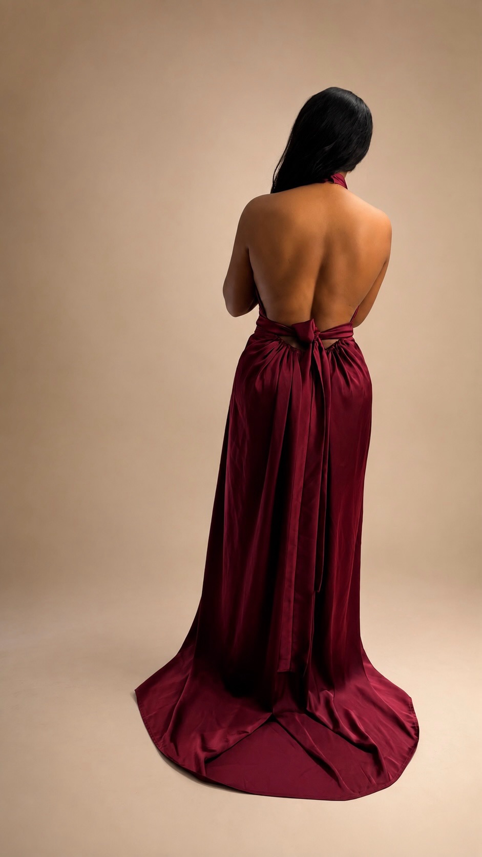 Back view of a burgundy floor-length JINNA gown