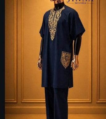 Navy kaftan with gold embroidery at the neckline and pocket