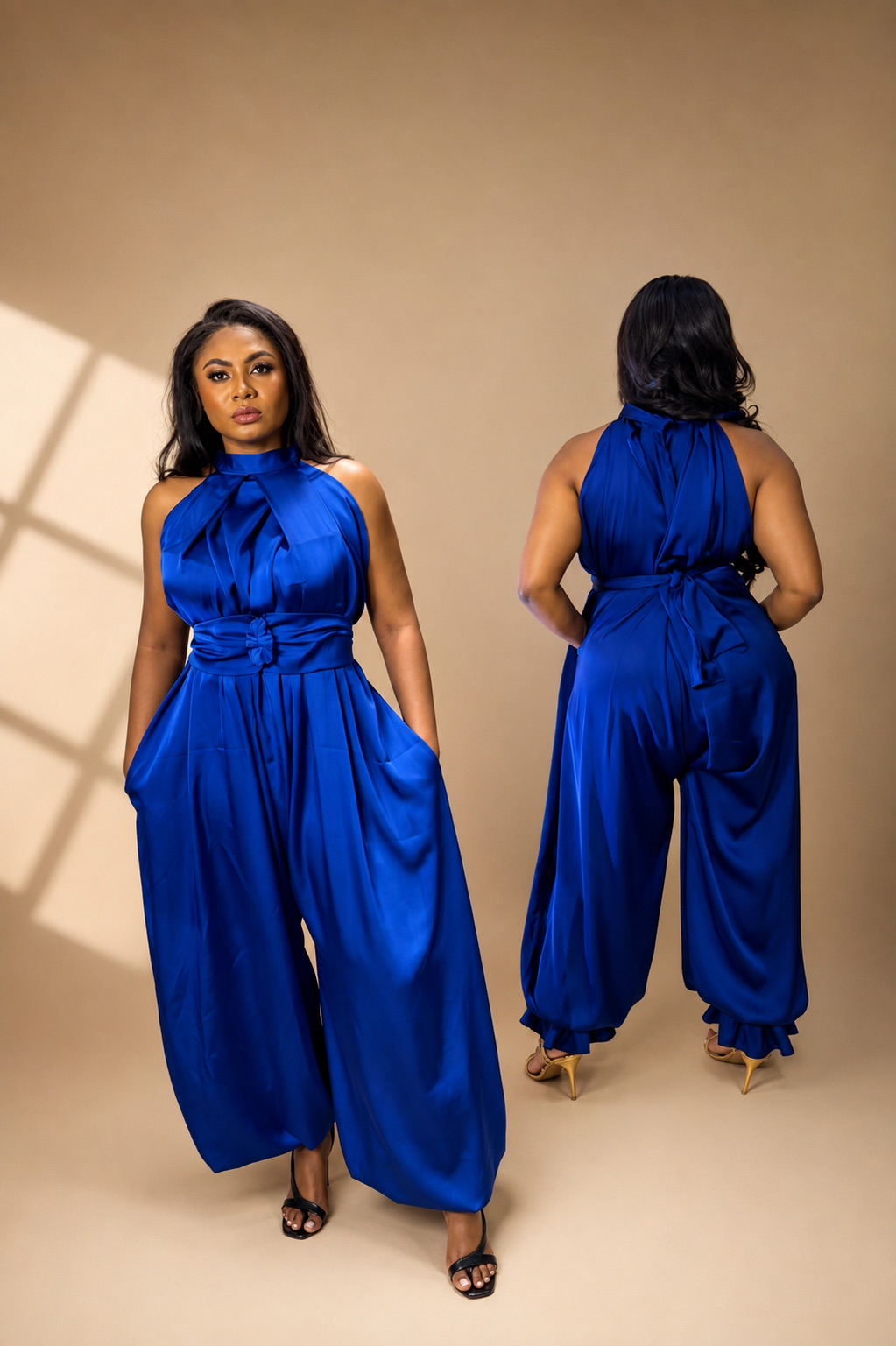 Front and back views of a cobalt-blue JINNA jumpsuit