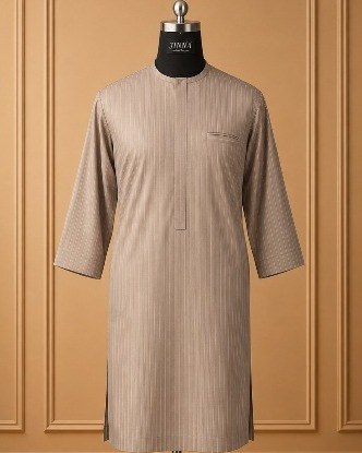 Sand pinstripe tunic with three-quarter sleeves on a mannequin